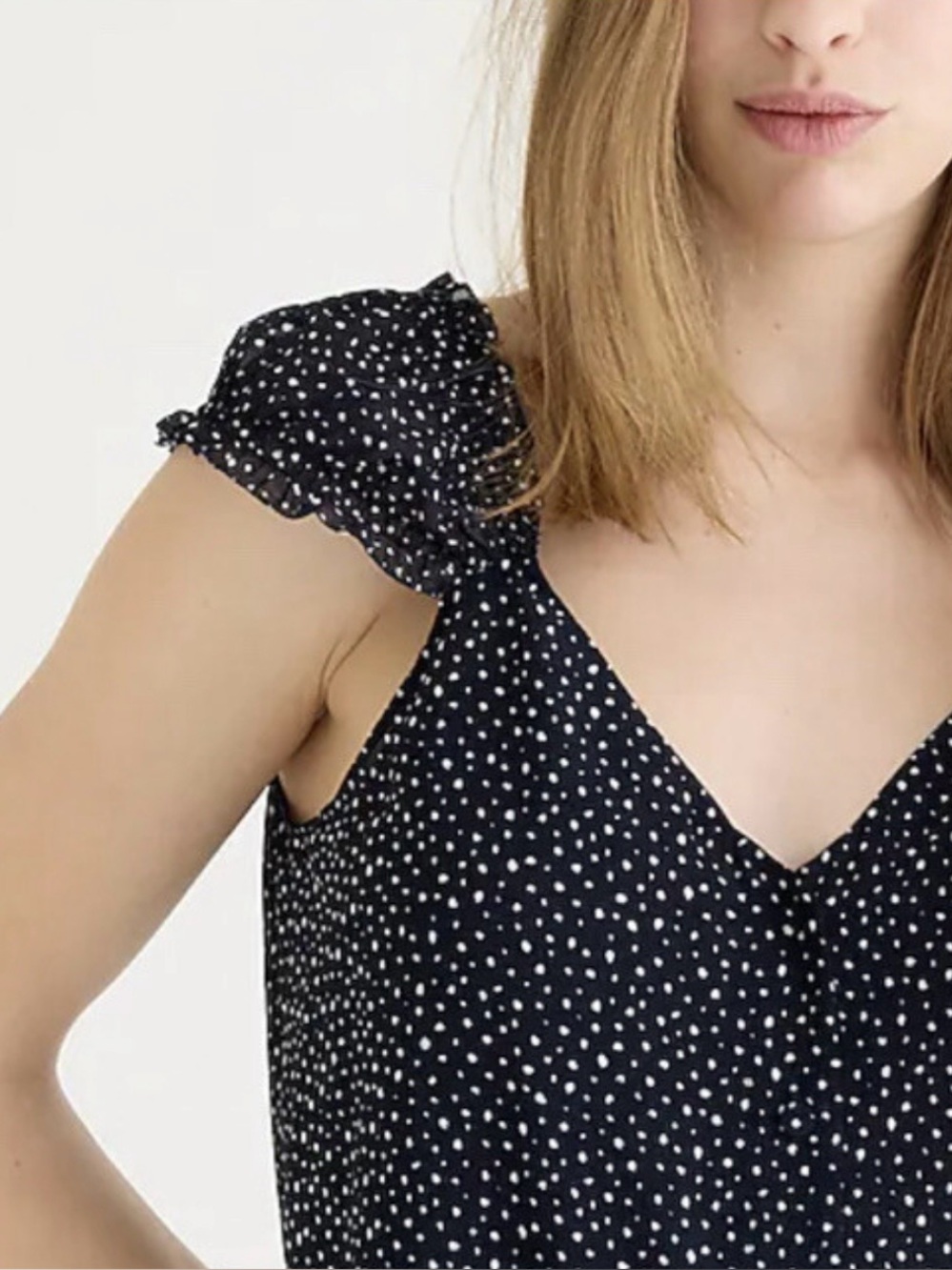 J. Crew Navy Polka Dot Ruffle Strap Blouse